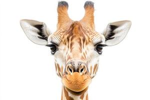 A giraffe stands isolated in the center, its expressive eyes and distinct patterns visible. The neutral background highlights its features, creating a vivid focal point. photo