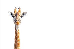 A giraffe stands isolated in the center, its long neck and distinctive coat patterns clearly visible. The creature exudes a sense of calm in this minimalist setting. photo