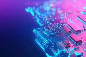 A vibrant, glowing circuit board showcases intricate connections and components, radiating neon colors against a clean, dark surface. This modern design captures the essence of technology. photo