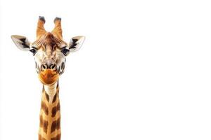 The giraffe stands alone in the center, its long neck and distinctive spots clearly visible. The bright background emphasizes the animals unique facial patterns and features. photo