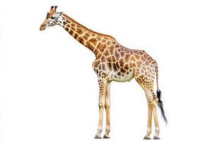 A giraffe is prominently displayed in the center, highlighting its long neck and distinctive coat patterns. The animal appears calm against a plain backdrop. photo