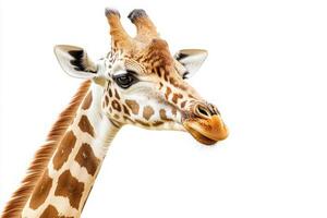 The giraffe gazes calmly, showcasing its long neck and unique coat pattern against a stark white background, accentuating its graceful and elegant presence. photo