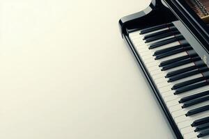The grand piano keys are displayed prominently on a clean, solid background, showcasing their polished finish and inviting touch. This composition emphasizes the beauty of the instruments design. photo