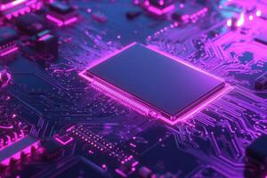 A vibrant neon circuit board glows in shades of pink and purple, set against a pristine solid background. The intricate details of the circuitry create an energetic visual display. photo