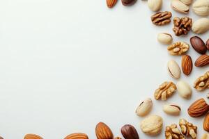 Assorted nuts including almonds, walnuts, and pistachios are elegantly scattered on a neutral background, showcasing their natural textures and colors, perfect for a healthy snack option. photo