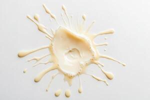 A rich, creamy substance is centrally blurred against a minimalistic background. The heavy cream has splattered outward, highlighting its viscous texture and light color fluid dynamics. photo