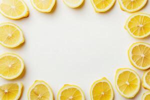 Bright yellow lemon wedges are neatly arranged in a circular formation on a plain white surface, creating a vibrant and refreshing display. The lemons are fresh and juicy. photo