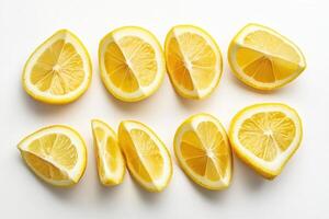 Fresh lemon wedges are beautifully arranged in a circular pattern on a clean white background, showcasing their vibrant yellow color and juicy texture, perfect for enhancing dishes or drinks. photo