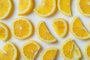 Vibrant lemon wedges are neatly arranged in an eye-catching pattern on a clean white background, emphasizing their bright yellow color and refreshing appeal. photo