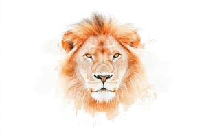 This lion exhibits its powerful presence with intense eyes and a magnificent mane, contrasting beautifully against the plain background. Its regal demeanor captures the essence of wildlife majesty. photo