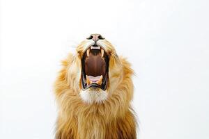 A powerful lion is isolated at the center, its mouth wide open in a roar. The environment is minimalistic, highlighting the lions majestic features and intense expression. photo