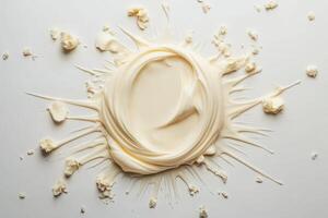 A creamy splash of heavy cream is artistically presented on a stark white background, emphasizing its rich texture and the dynamic spread across the surface. photo