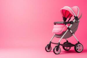 This lightweight baby pram features a bright pink design and is placed on a clean solid pink background, showcasing its modern style, ideal for parents seeking comfortable mobility for their infants. photo