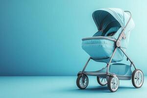 A stylish lightweight baby pram in soft turquoise is showcased against a solid, clean background. Its design highlights practicality and comfort for parents on the go, ideal for outings with infants. photo