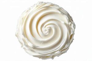A rich, velvety swirl of heavy cream stands alone against a clean white backdrop, showcasing its creamy texture ideal for desserts, toppings, or savory dishes. photo