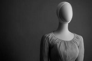 A minimalist mannequin showcases a stylish dress, featuring subtle textures and a simple design. The clean backdrop emphasizes the elegance of the garment in this modern display. photo
