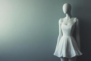 A sleek mannequin dressed in a simple white dress stands elegantly against a soft gray backdrop in a retail setting. The minimalist design emphasizes the dresss delicate features. photo