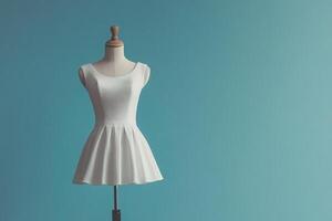 A stylish mannequin showcases a clean, simple white dress, highlighting its design against a soft blue wall. This elegant display captures the essence of minimalist fashion. photo