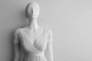 A sleek mannequin displays a beautiful minimalist dress, highlighting the gentle lines and textures of the fabric. The soft gray wall enhances the elegance of the design. photo