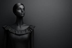 The display features a stylish mannequin dressed in a sophisticated garment, set against a dark, minimalist backdrop in a fashion studio, highlighting the garments elegant design. photo