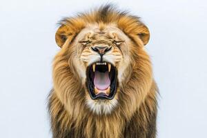 A powerful lion stands isolated, letting out a fierce roar. Its golden mane frames its face as it showcases its dominance in the wild under a clear sky at midday. photo