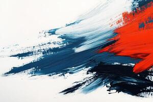 Bold splashes of blue, black, and red paint intertwine, forming dynamic lines on a smooth, clean white surface. The vibrant colors create an energetic visual contrast. photo