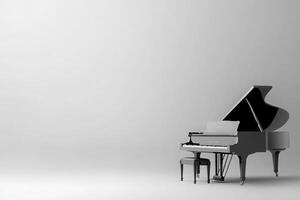 A beautifully designed grand piano stands gracefully against a clean, solid backdrop, creating an atmosphere of elegance and tranquility. The piano invites viewers to imagine musical sessions. photo