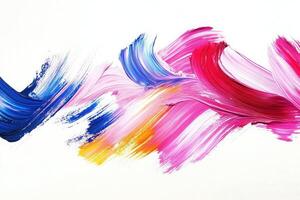 Bright and vivid paint lines intertwine on a smooth white canvas, showcasing dynamic movement and creativity. The colors blend harmoniously, enhancing the visual appeal of the artwork. photo