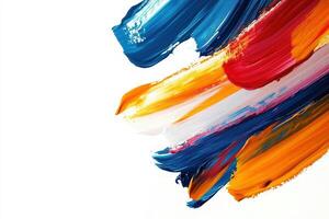 Vivid lines of paint in blue, red, orange, and white sweep across a clean, solid white surface, showcasing dynamic textures and bold colors. photo