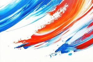 Bold dynamic strokes of red, blue, and orange paint create lively patterns on a pristine white background, showcasing a striking contrast and artistic expression. photo