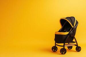 A stylish ergonomic baby trolley is prominently displayed against a vibrant yellow backdrop, highlighting its sleek design and functionality for modern parents on the go. photo