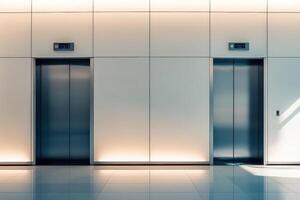 The sophisticated elevator doors blend seamlessly into the minimalist architecture, highlighted by soft lighting. This design promotes a sleek and contemporary ambiance in the building. photo