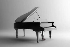 A sophisticated grand piano rests elegantly on a pristine solid surface. Its polished finish reflects light, highlighting the graceful curves and precise craftsmanship, inviting music creation. photo