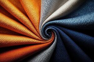 A variety of solid fabric swatches are arranged in a spiral pattern. The swatches display bold colors, including orange, gray, and blue, emphasizing their clean and minimalist design aesthetic. photo