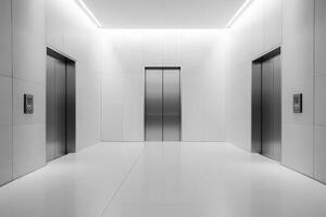 The image features elevator doors in a sleek, minimalist design located in a modern building lobby, illuminated by soft overhead lighting creating a serene atmosphere. photo