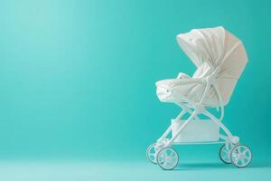 An ergonomic baby trolley stands out against a turquoise background, showcasing its sleek design and practicality, ideal for parents seeking comfort and functionality for their little ones. photo