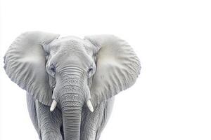 In a bright setting, a solitary elephant stands at the center, showcasing its impressive size and features with large ears and tusks, embodying the majesty of wildlife. photo