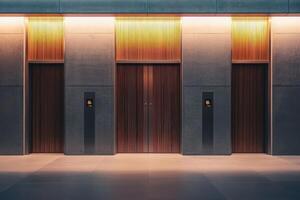 The setting features sleek elevator doors with a wooden finish and soft ambient lighting, enhancing the minimalist design of a modern buildings interior during dusk. photo