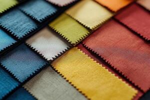 A selection of fabric swatches in various solid colors is neatly arranged. The swatches feature a clean and minimalist design, ideal for textile selection or interior design inspiration. photo