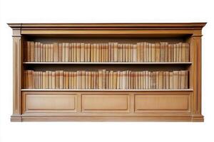 A beautifully crafted wooden bookshelf stands isolated in a minimalistic setting, showcasing numerous neatly arranged books, adding warmth and sophistication to the environment. photo