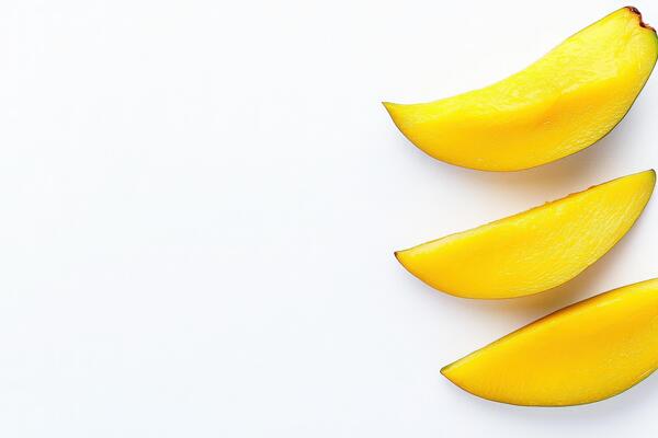 Dried mango slices are displayed in a clean arrangement on a solid white background, showcasing their vibrant yellow color and natural shape, perfect for snacking or culinary use.