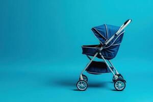 The ergonomic baby trolley is positioned against a bright blue solid backdrop, showcasing its sleek design and functionality, perfect for parents seeking comfort and style for their little ones. photo