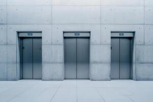 Elevator doors feature a sleek, minimalist design set against a smooth concrete wall, creating a modern atmosphere in a contemporary building. photo