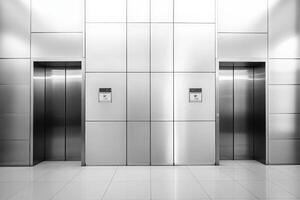Two pairs of elevator doors are centered in a modern building. The minimalist design features a sleek metallic finish and a tiled floor, creating a clean and contemporary atmosphere. photo