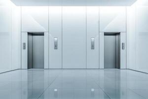Elevator doors stand side by side in a sleek lobby featuring a minimalist aesthetic, complemented by shiny, reflective floor tiles and bright lighting that enhances the modern atmosphere. photo