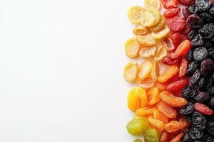 An appealing arrangement of various dried fruits showcases vibrant colors and textures, emphasizing the freshness and natural appeal of each piece on a clean white surface. photo