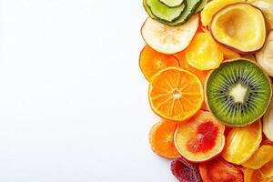 A vibrant assortment of dried fruits lies on a pristine white surface, showcasing various shapes and colors. This healthy snack option offers flavors and nutrients in a convenient package. photo