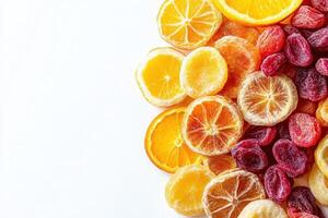 A colorful assortment of dried fruits, including lemon, orange, and berry slices, is artfully arranged on a clean white surface, highlighting the textures and vibrant colors of each piece. photo