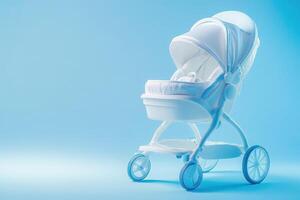 A stylish ergonomic baby trolley is featured in a clean, solid blue setting, showcasing its modern design and functionality, ideal for parents seeking comfort and safety for their infants. photo