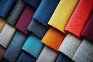 A collection of vibrant fabric swatches displayed in a clean and minimalist manner. The solid colors vary in texture, creating an appealing visual arrangement for design inspiration. photo